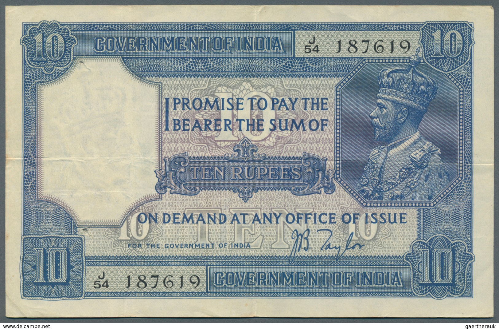 01739 India / Indien: 10 Rupees ND(1917-30) With Signature Taylor, P.7b, Very Nice Looking Note With A Few - India