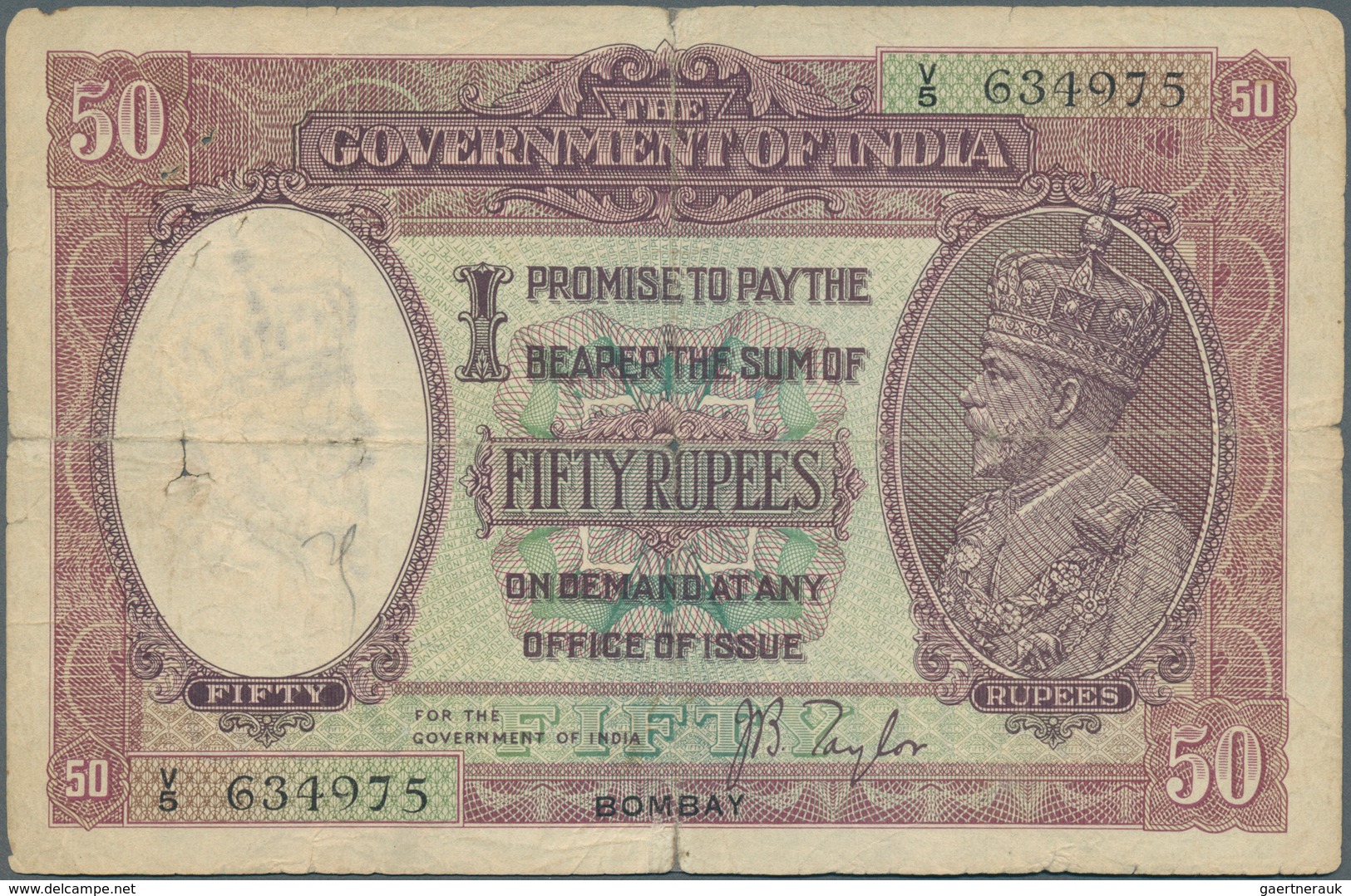 01740 India / Indien: 50 Rupees ND(1930) P. 9b, Sign Taylor, Issue For BOMBAY, Strong Horizontal And Cente - India