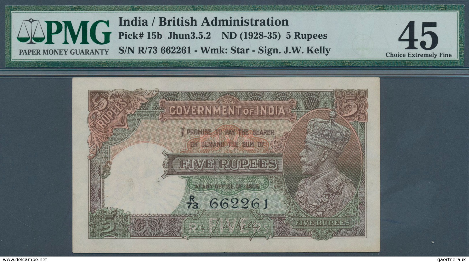 01742 India / Indien: 5 Rupees ND(1928-35) P. 15b, In Condition: PMG Graded 45 Choice XF. - India