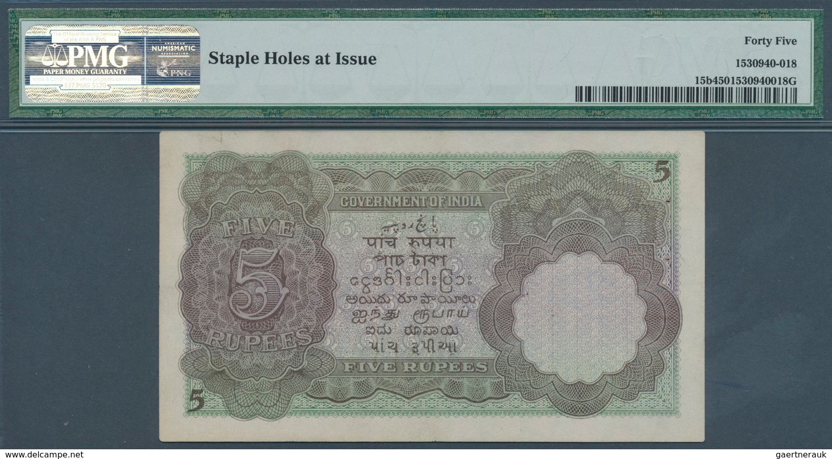 01742 India / Indien: 5 Rupees ND(1928-35) P. 15b, In Condition: PMG Graded 45 Choice XF. - India