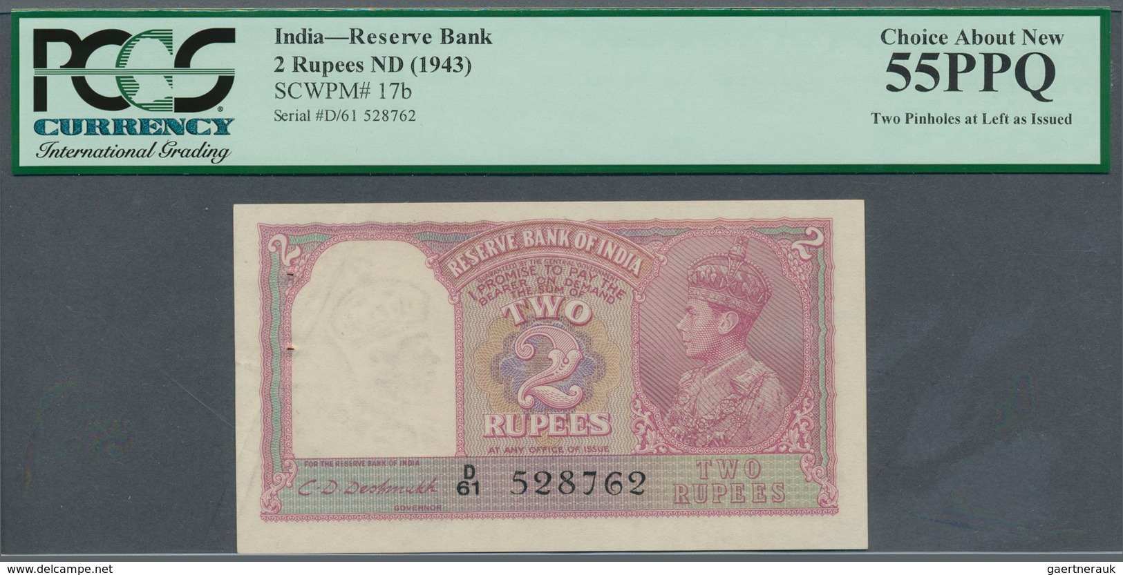 01743 India / Indien: 2 Rupees ND(1943), P.17b With Pinholes At Left As Usually, PCGS Graded 55 Choice Abo - India