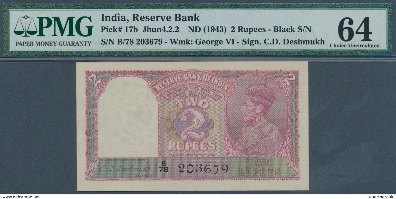 01744 India / Indien: 2 Rupees ND(1943) P. 17b In Condition: PMG Graded 64 Choice UNC. - India