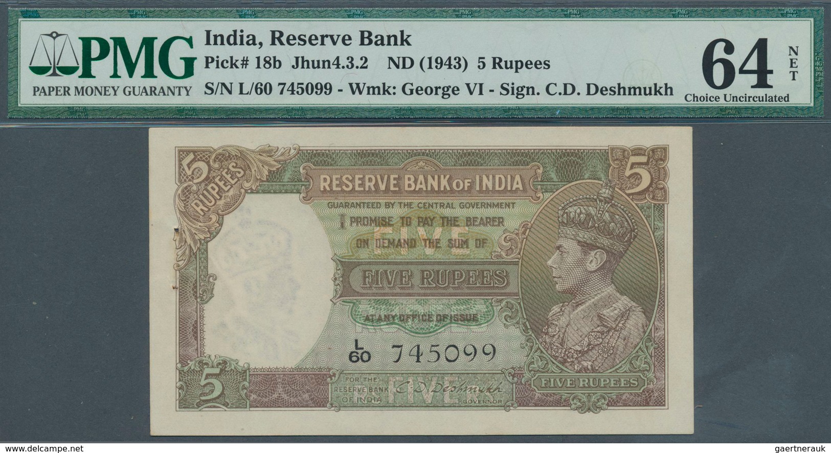 01745 India / Indien: 5 Rupees ND(1943) P. 18b, In Condition: PMG Graded 64 Choice UNC NET. - India
