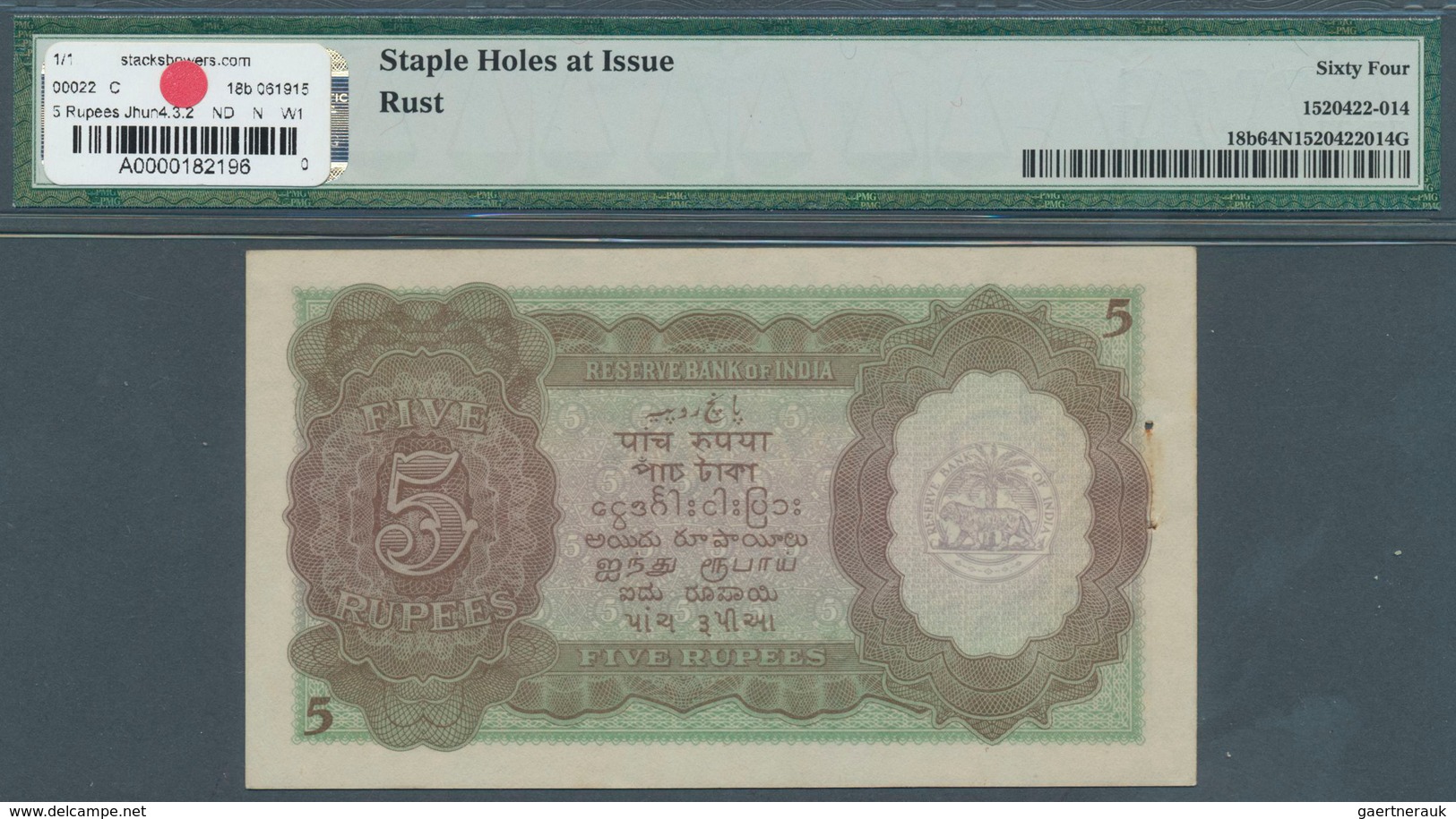 01745 India / Indien: 5 Rupees ND(1943) P. 18b, In Condition: PMG Graded 64 Choice UNC NET. - India