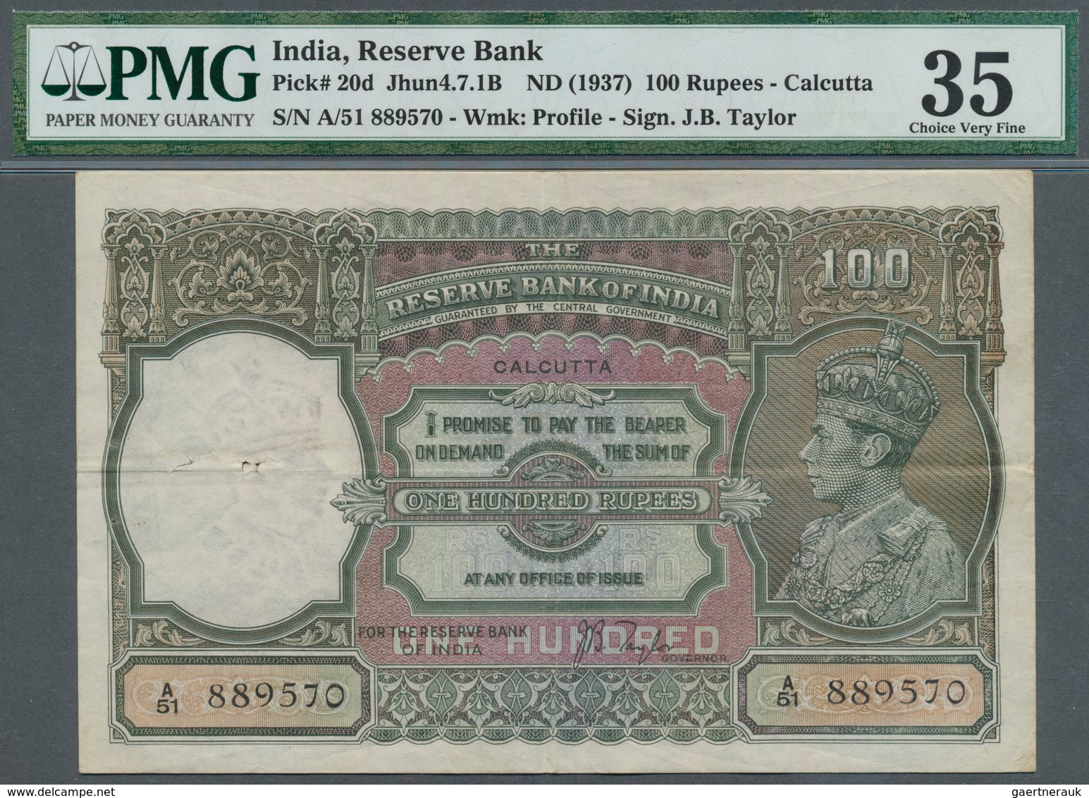 01747 India / Indien: 100 Rupees ND(1937) P. 20d, Condition: PMG Graded 35 Choice Very Fine. - India