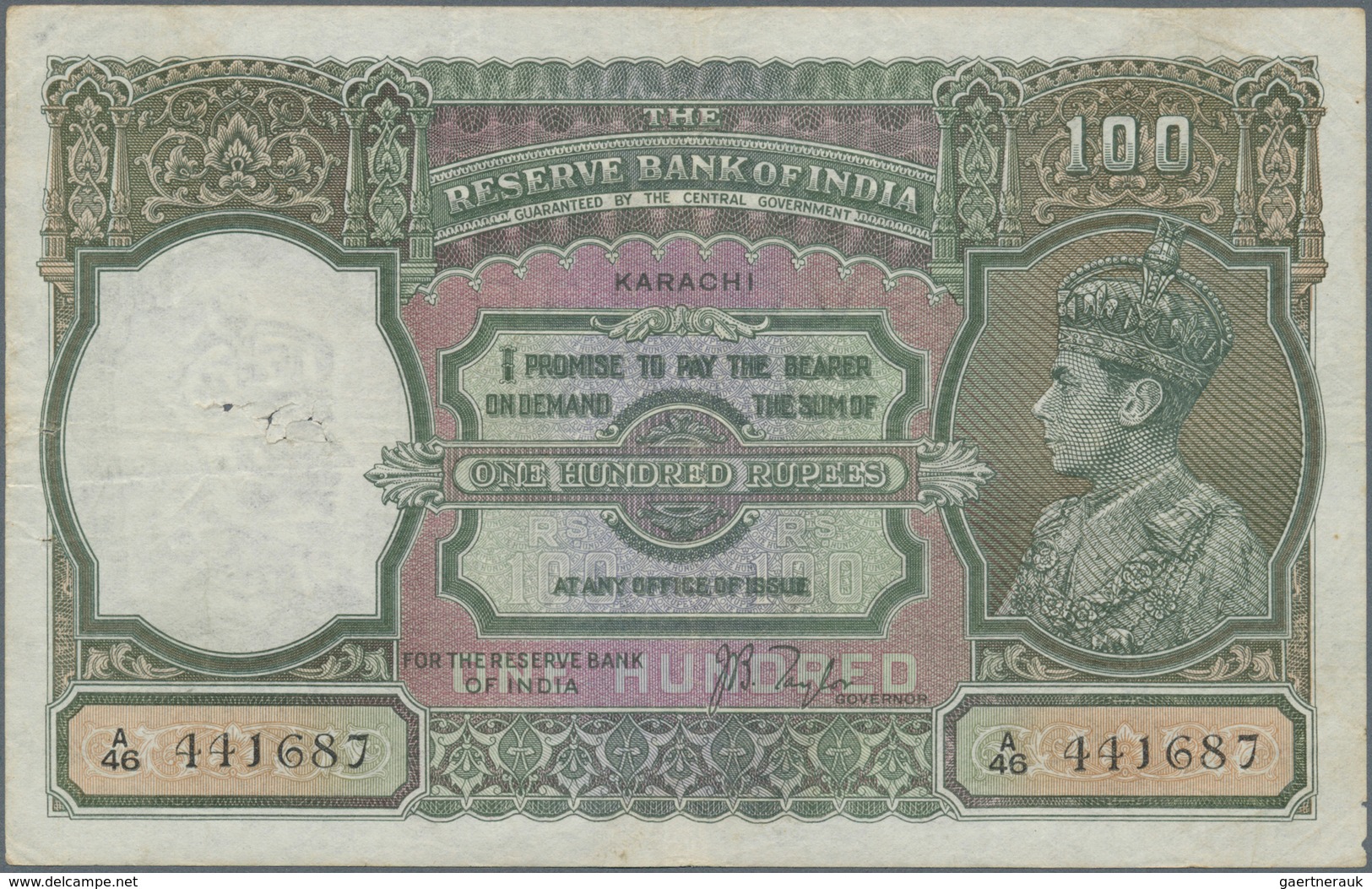 01749 India / Indien: 100 Rupees ND(1937-43) KARACHI Issue P. 20q, Used With Several Folds In Paper, Usual - India