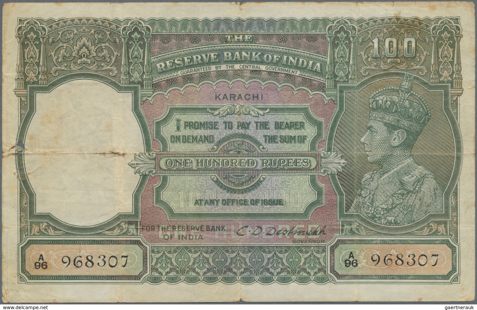 01750 India / Indien: 100 Rupees ND(1937-43) KRACHI Issue P. 20k, Used With Strong Vertical And Horizontal - India