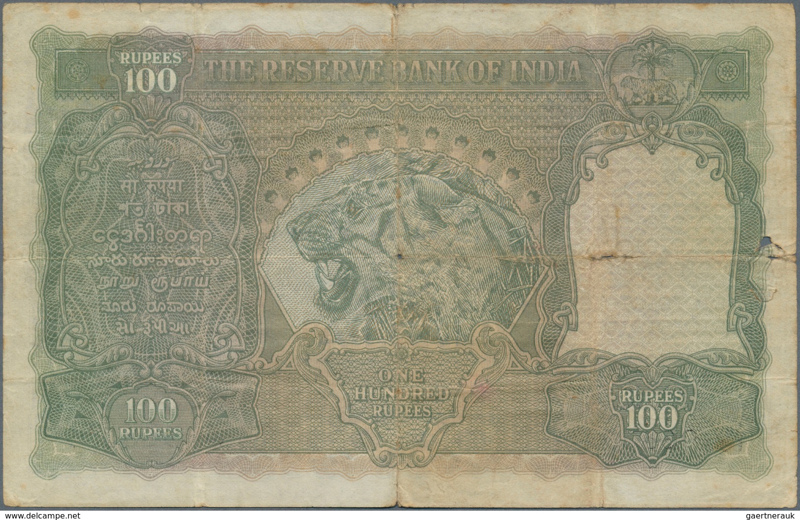 01750 India / Indien: 100 Rupees ND(1937-43) KRACHI Issue P. 20k, Used With Strong Vertical And Horizontal - India