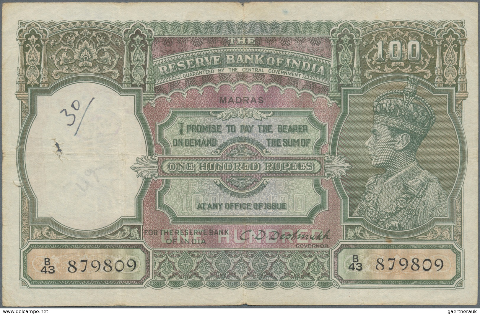 01751 India / Indien: 100 Rupees ND(1937-43) MADRAS Issue P. 20o, Used With Folds, 3 Larger Pinholes At Le - India