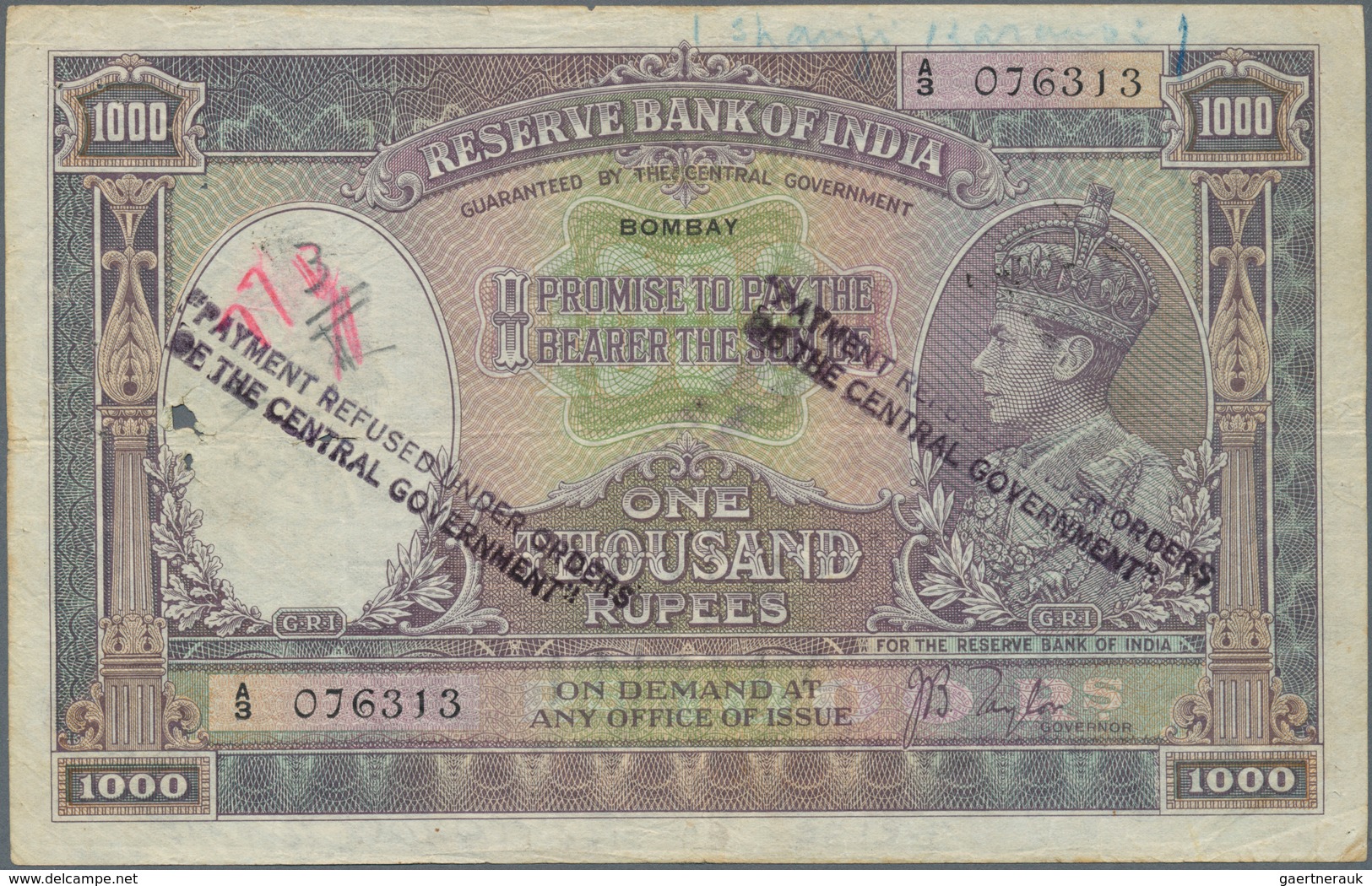 01752 India / Indien: 1000 Rupees ND(1937) P. 21a BOMBAY Issue, Interesting With 3 "Payment Refused Under - India