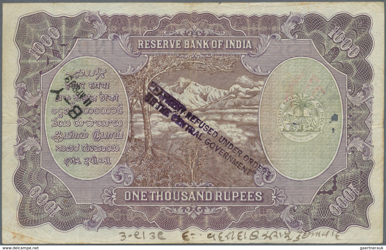 01752 India / Indien: 1000 Rupees ND(1937) P. 21a BOMBAY Issue, Interesting With 3 "Payment Refused Under - India