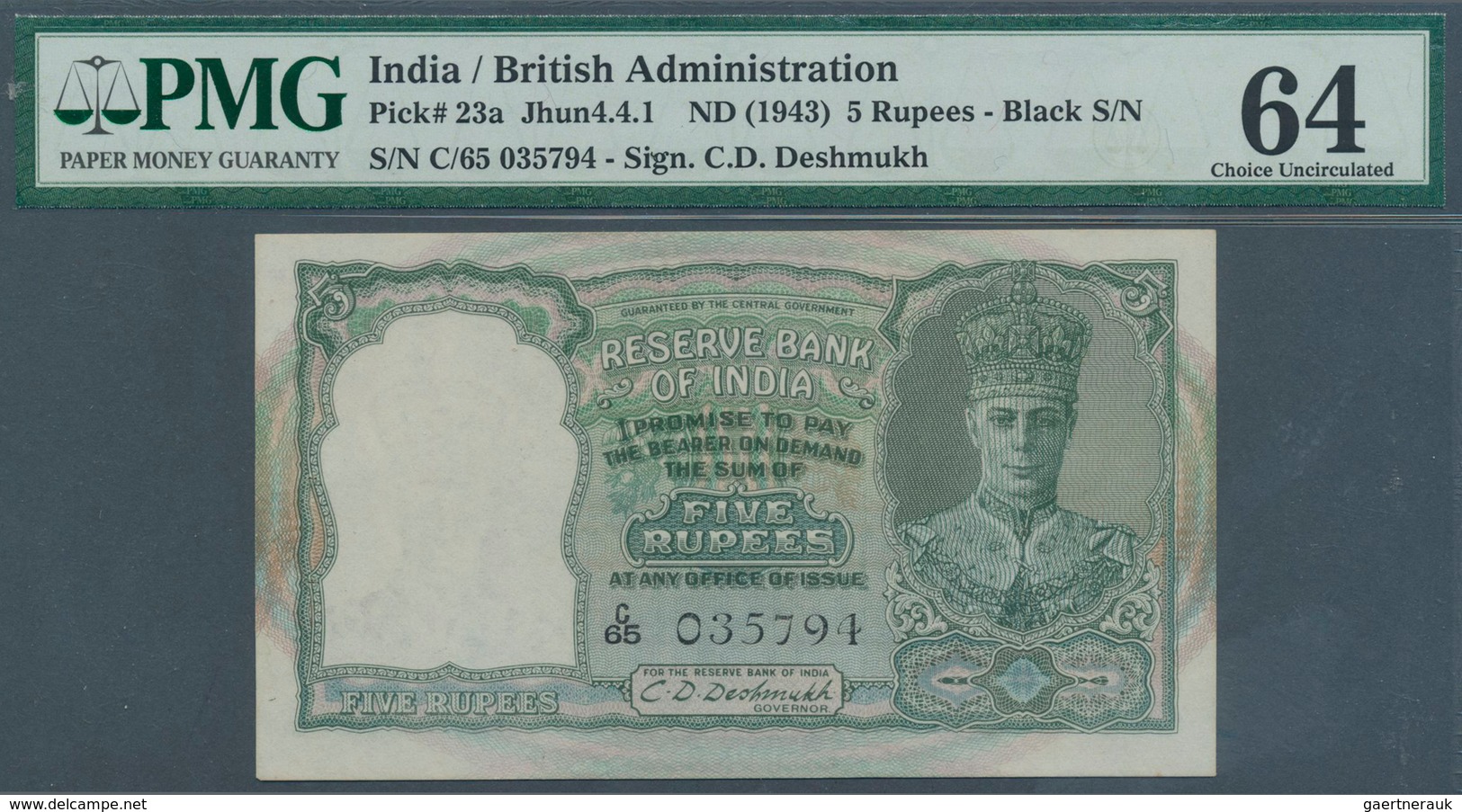 01753 India / Indien: 5 Rupees ND(1943) P. 23a, Condition: PMG Graded 64 Choice UNC. - India