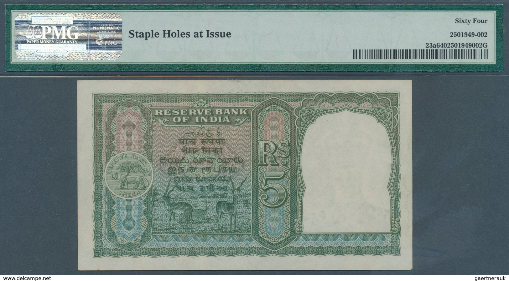 01753 India / Indien: 5 Rupees ND(1943) P. 23a, Condition: PMG Graded 64 Choice UNC. - India