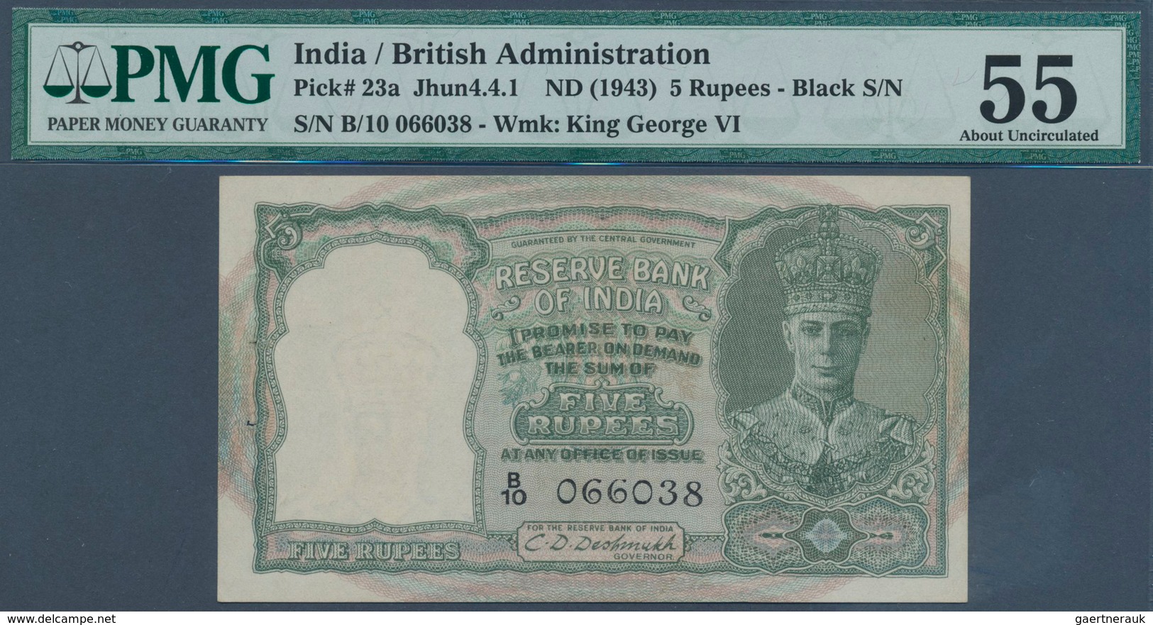 01754 India / Indien: 5 Rupees ND(1943) P. 43a In Condition: PMG Graded 55 AUNC. - India