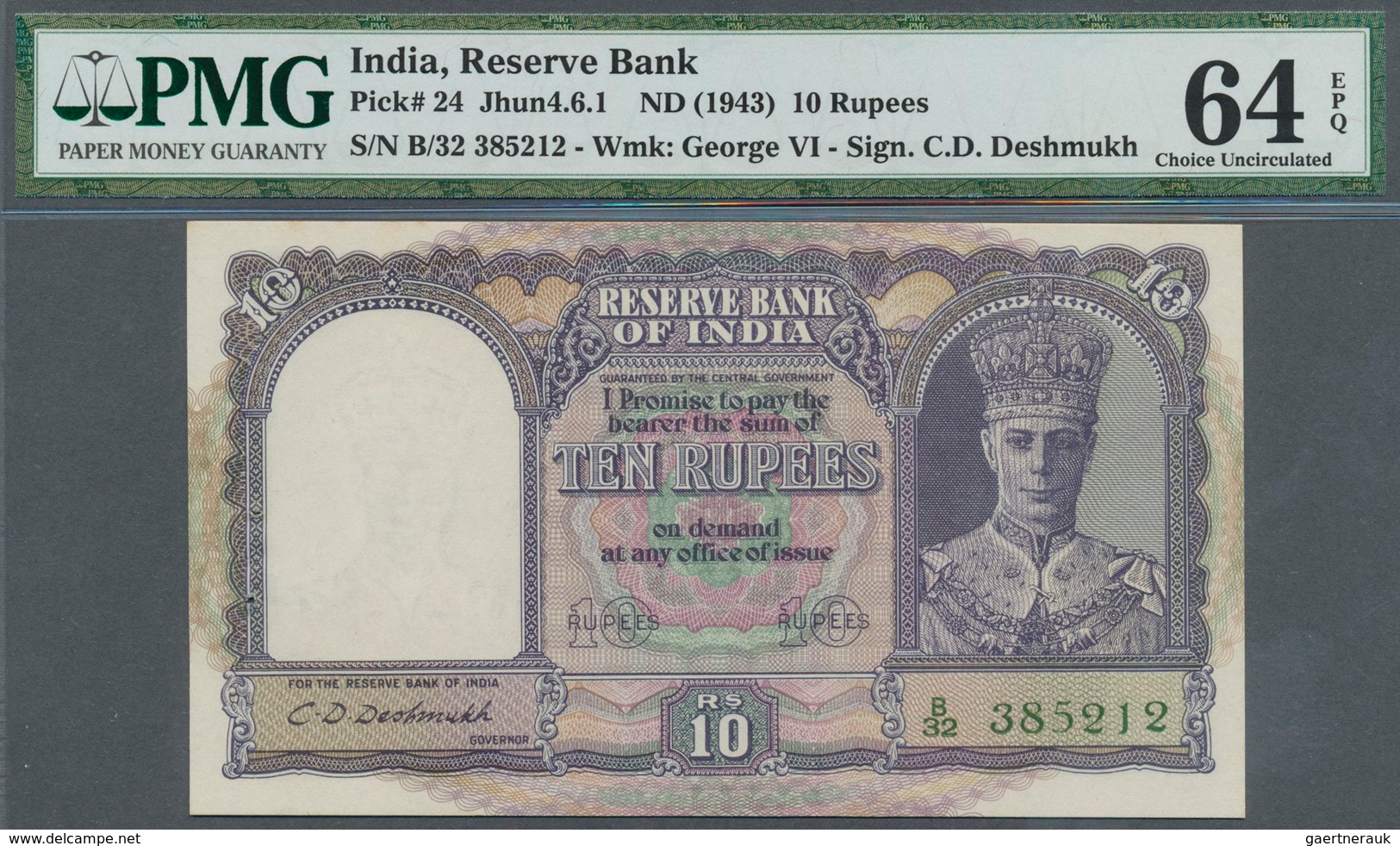 01755 India / Indien: Set Of 3 Consecutive Banknotes 10 Rupees ND(1943) P. 24, All PMG Graded 64 Choice UN - India