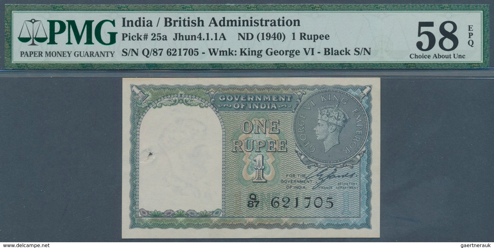 01756 India / Indien: 1 Rupee ND(1940) P. 25a, Condition: PMG Graded 58 Choice AUNC EPQ. - India