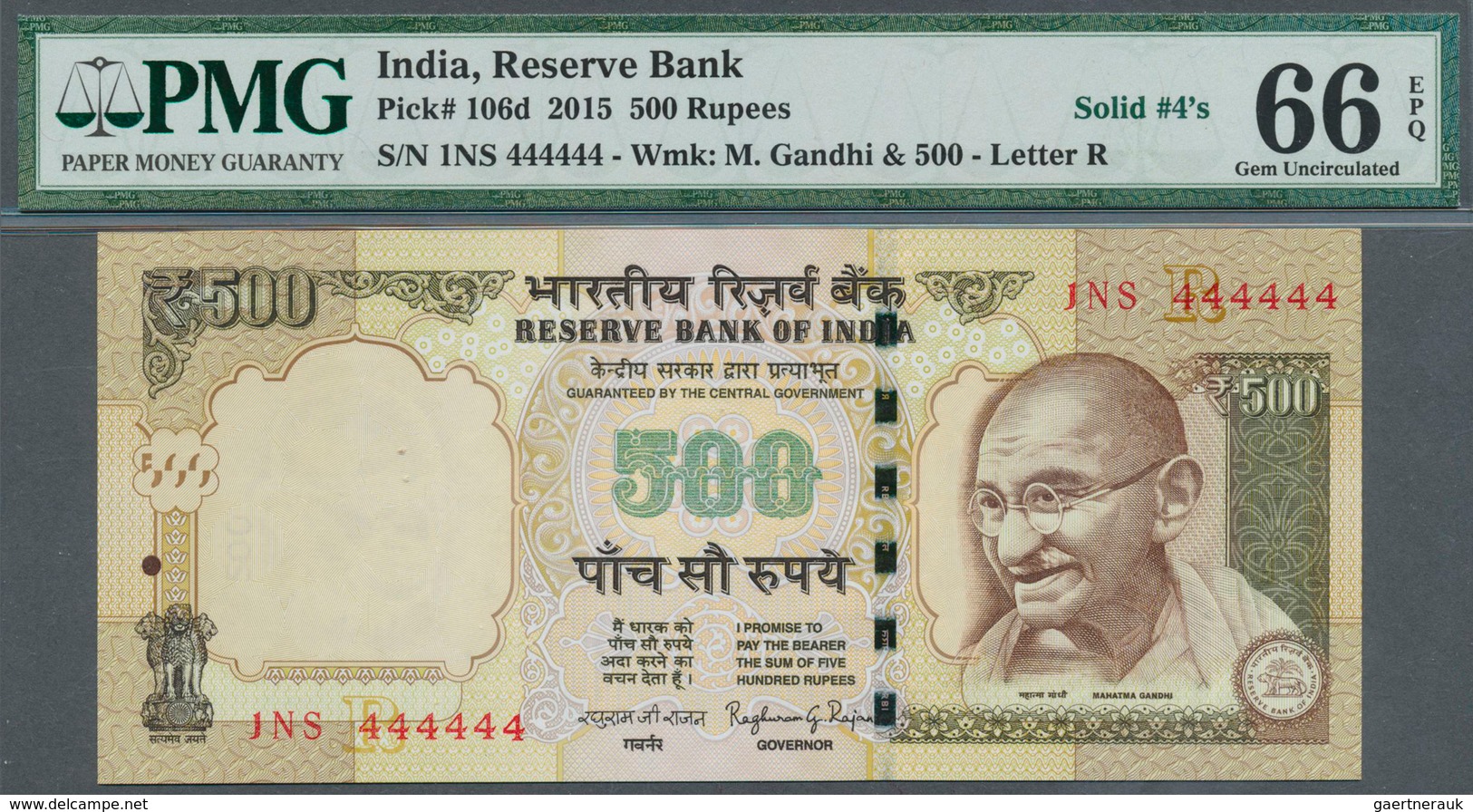 01757 India / Indien: 500 Rupees 2015 P. 106d With Rare Serial Number #444444 In Condition: PMG Graded 66 - India