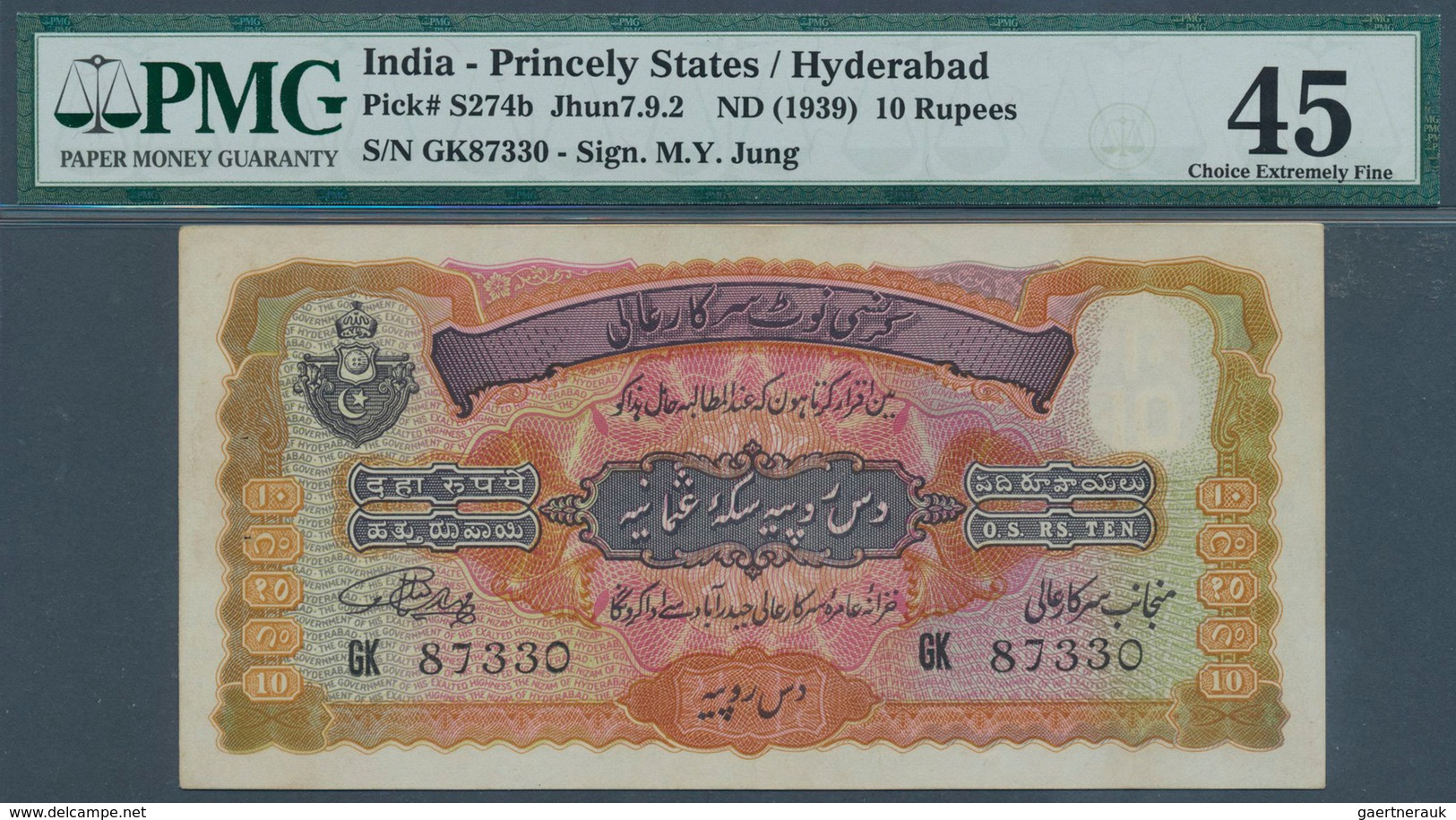 01762 India / Indien: Hyderabad 10 Rupees ND(1939) P. S274b, Condition: PMG Graded 45 Choice XF. - India