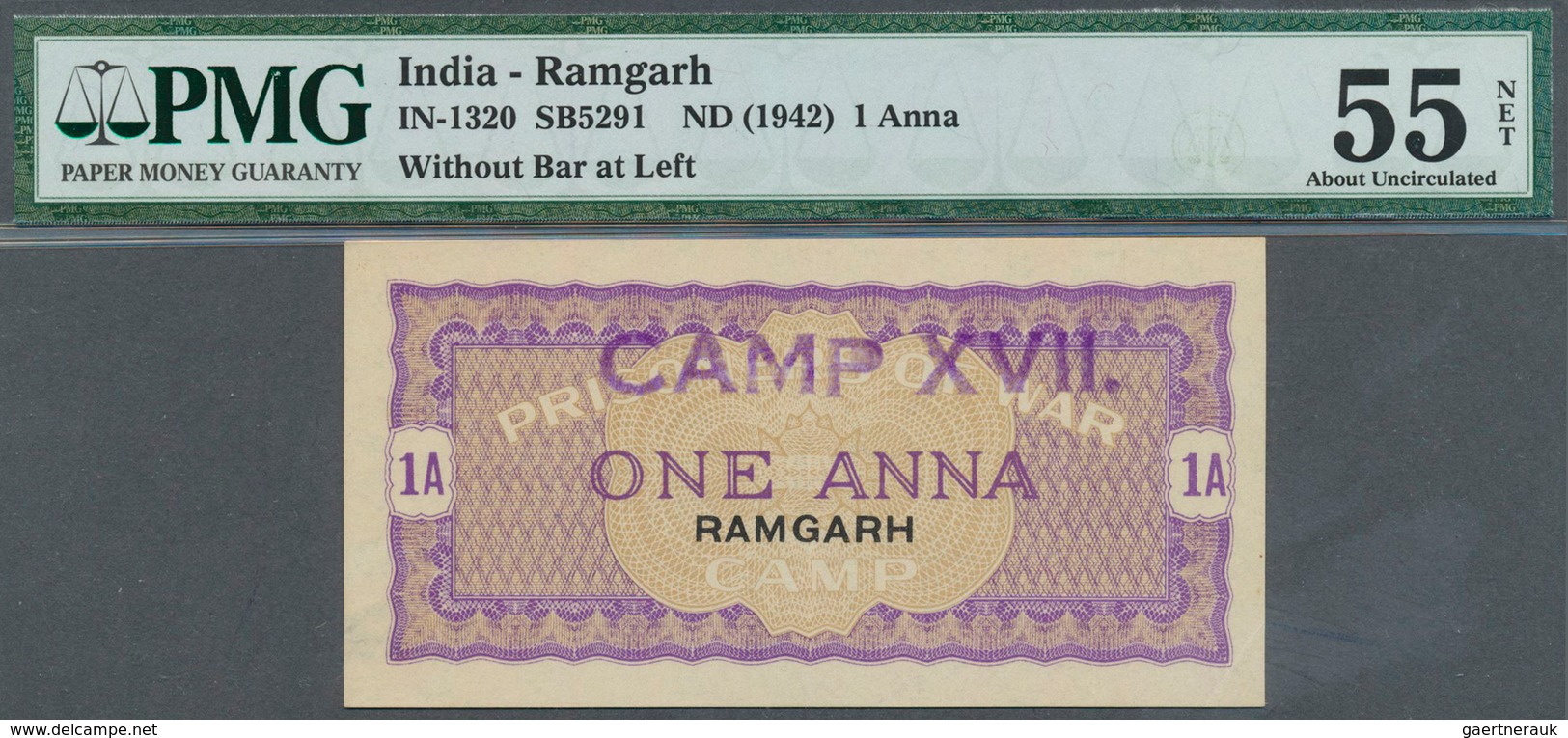 01763 India / Indien: Ramgarh P.O.W. 1 Anna 1942 In Condition: PMG Graded 55 AUNC NET. - India