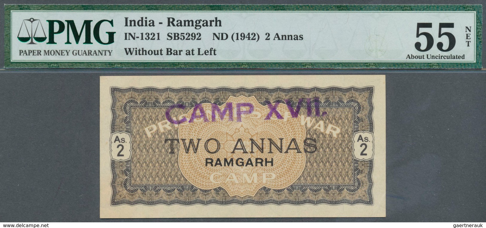 01764 India / Indien: Ramgarh P.O.W. 2 Annas 1942 In Condition: PMG Graded 55 AUNC NET. - India