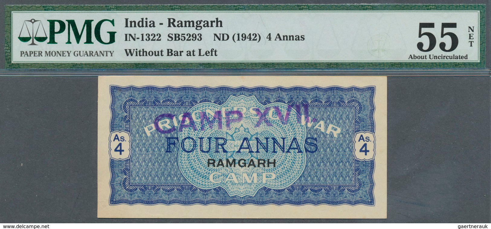 01765 India / Indien: Ramgarh P.O.W. 4 Annas 1942 In Condition: PMG Graded 55 AUNC NET. - India