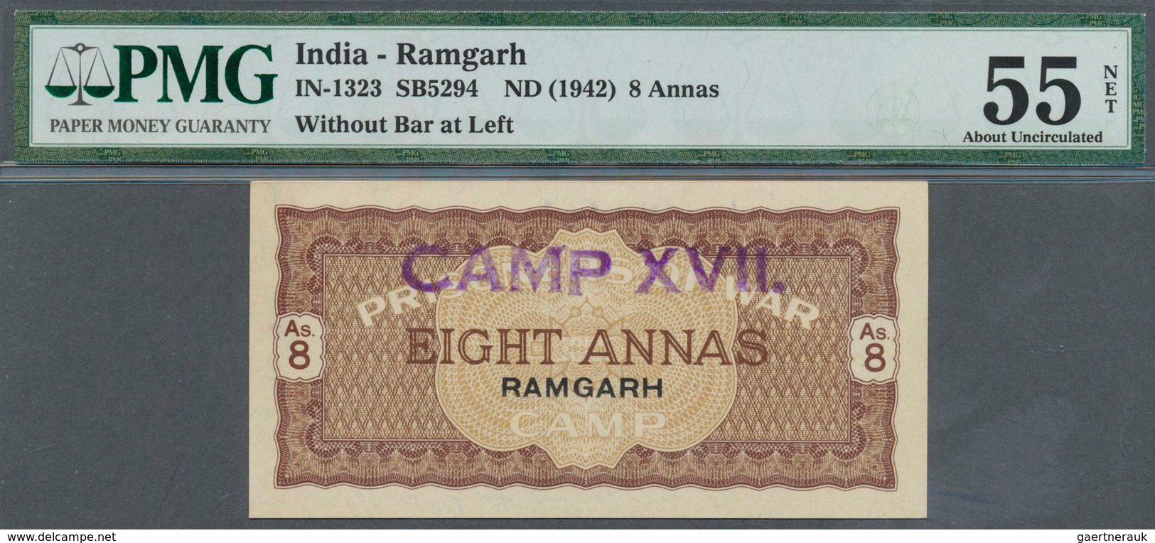 01766 India / Indien: Ramgarh P.O.W. 8 Annas 1941 In Condition: PMG Graded 55 AUNC NET. - India