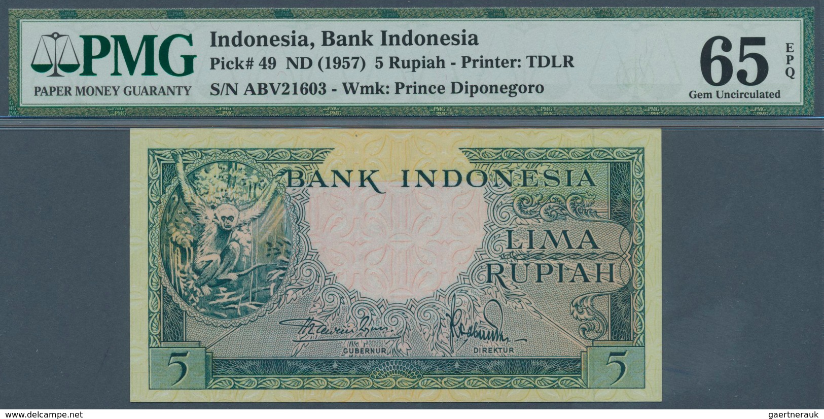 01769 Indonesia / Indonesien: 5 Rupiah ND(1957) P. 49, Condition: PMG Graded 65 Gem UNC EPQ. - Indonesië