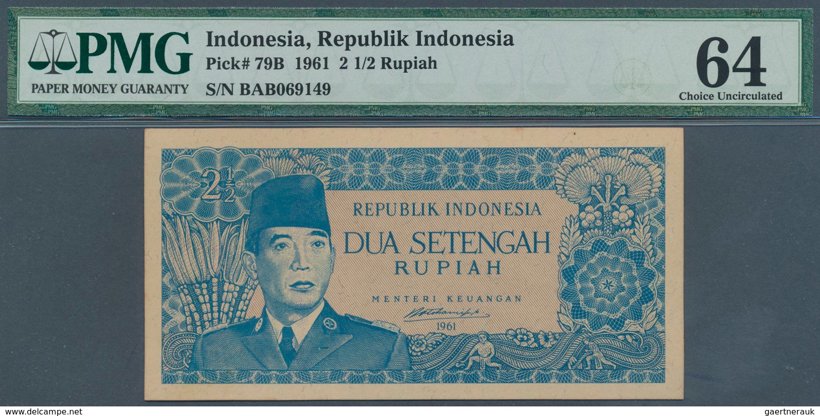 01777 Indonesia / Indonesien: 2 1/2 Rupiah 1961 P. 79B, Condition: PMG Graded 64 Choice UNC. - Indonesia