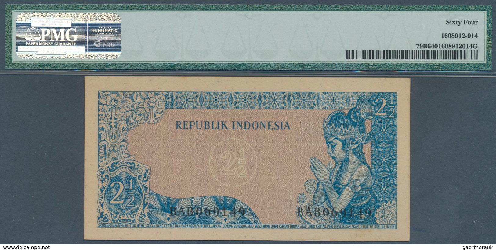 01777 Indonesia / Indonesien: 2 1/2 Rupiah 1961 P. 79B, Condition: PMG Graded 64 Choice UNC. - Indonesië