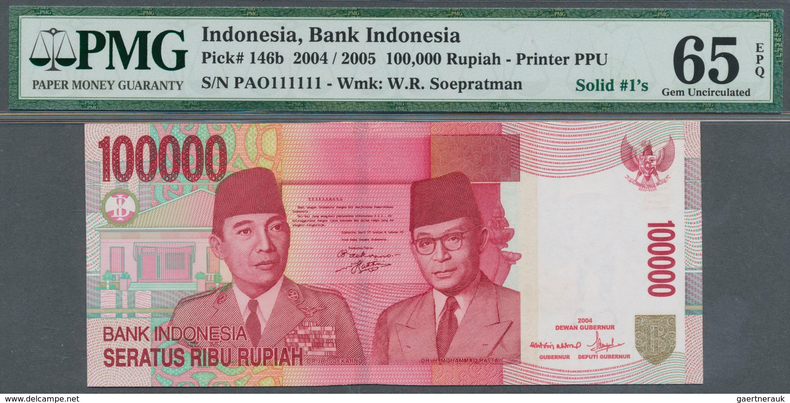 01782 Indonesia / Indonesien: 100.000 Rupiah 2004/05 P. 146b With Rare Serial Number PAO 1111111, Conditio - Indonesia