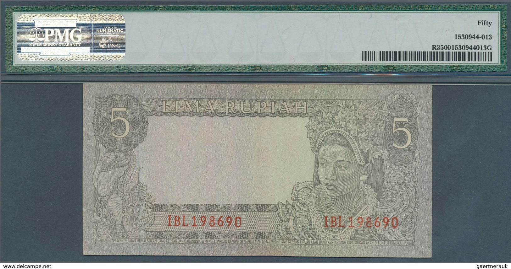 01784 Indonesia / Indonesien: Irain Barat 5 Rupiah ND(1963) P. R3, Condition: PMG 50 AUNC. - Indonesia