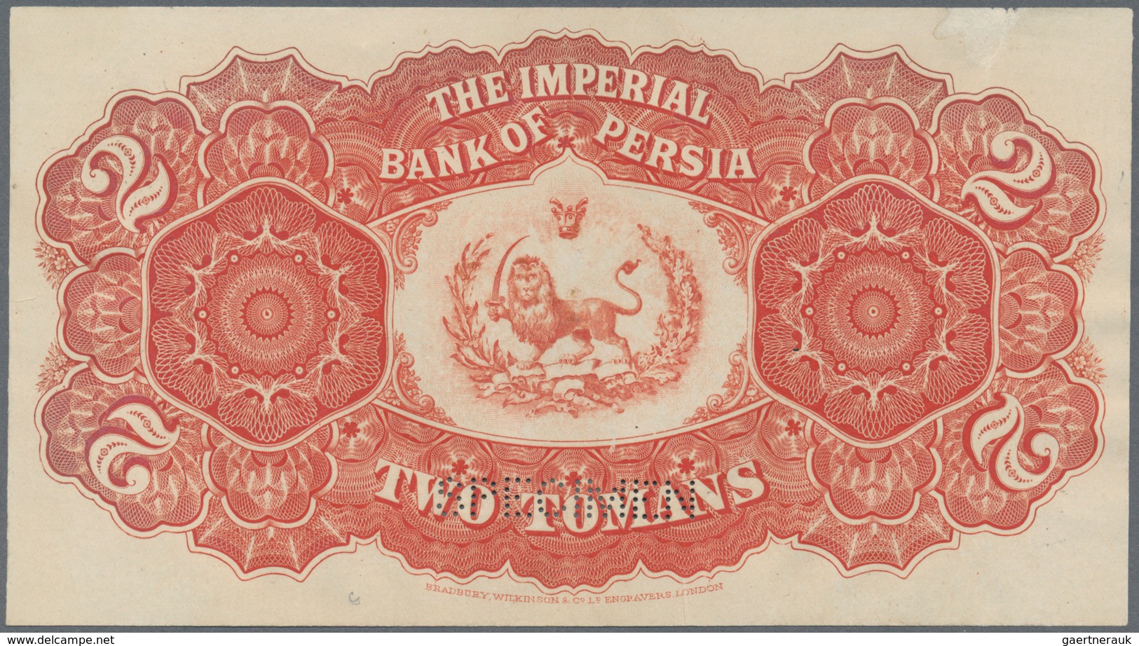 01785 Iran: Imperial Bank Of Persia Front And Reverse Specimen Of 2 Toman 1890-93, Printed By Bradbury & W - Irán