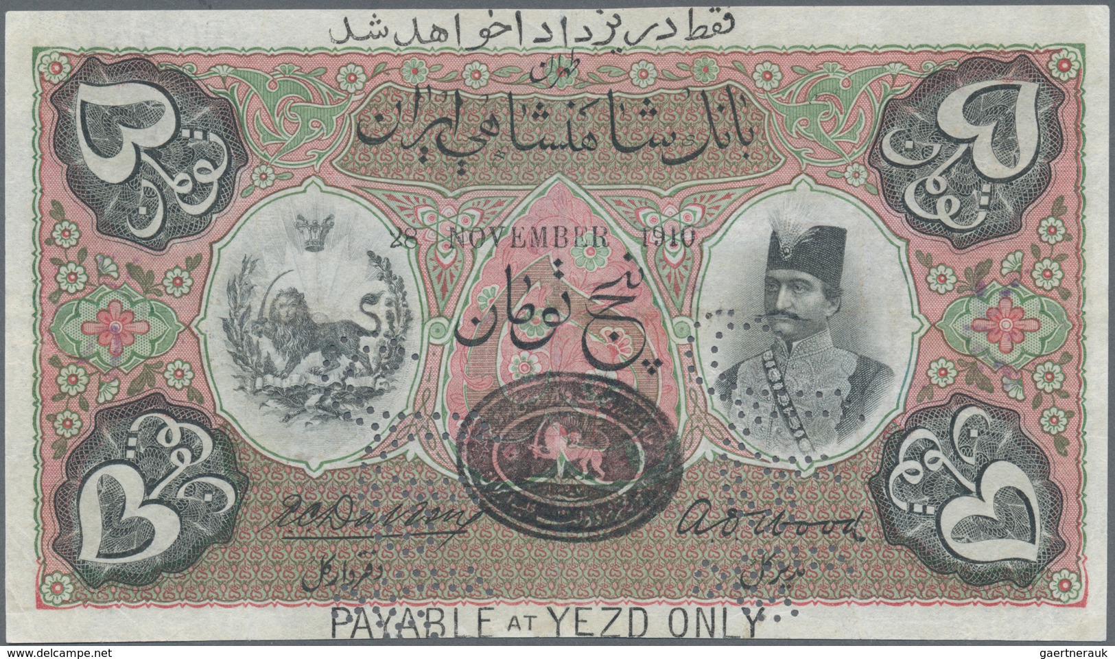 01786 Iran: Imperial Bank Of Persia 5 Toman November 28th 1910 SPECIMEN, Printed By Bradbury & Wilkinson, - Irán