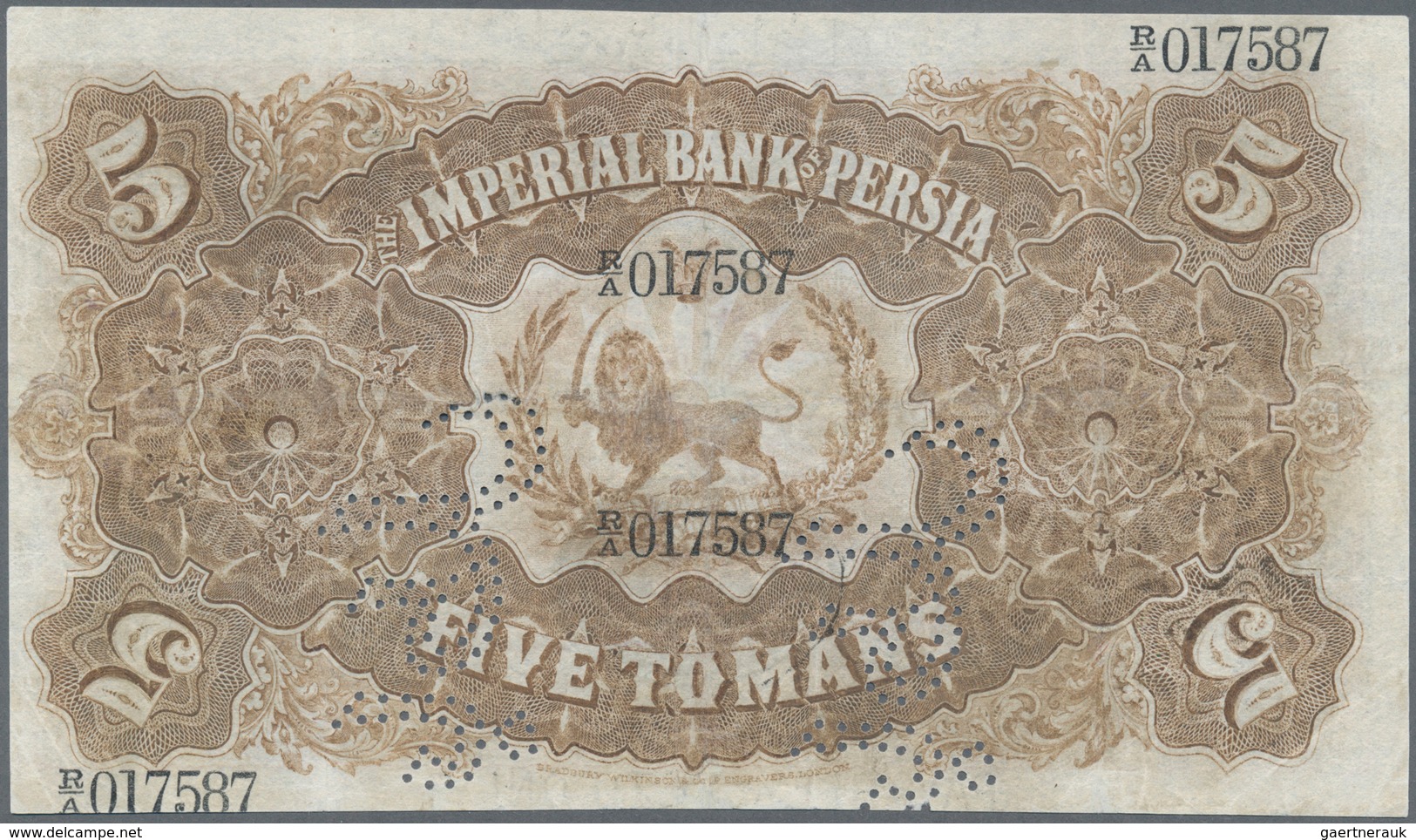 01786 Iran: Imperial Bank Of Persia 5 Toman November 28th 1910 SPECIMEN, Printed By Bradbury & Wilkinson, - Iran