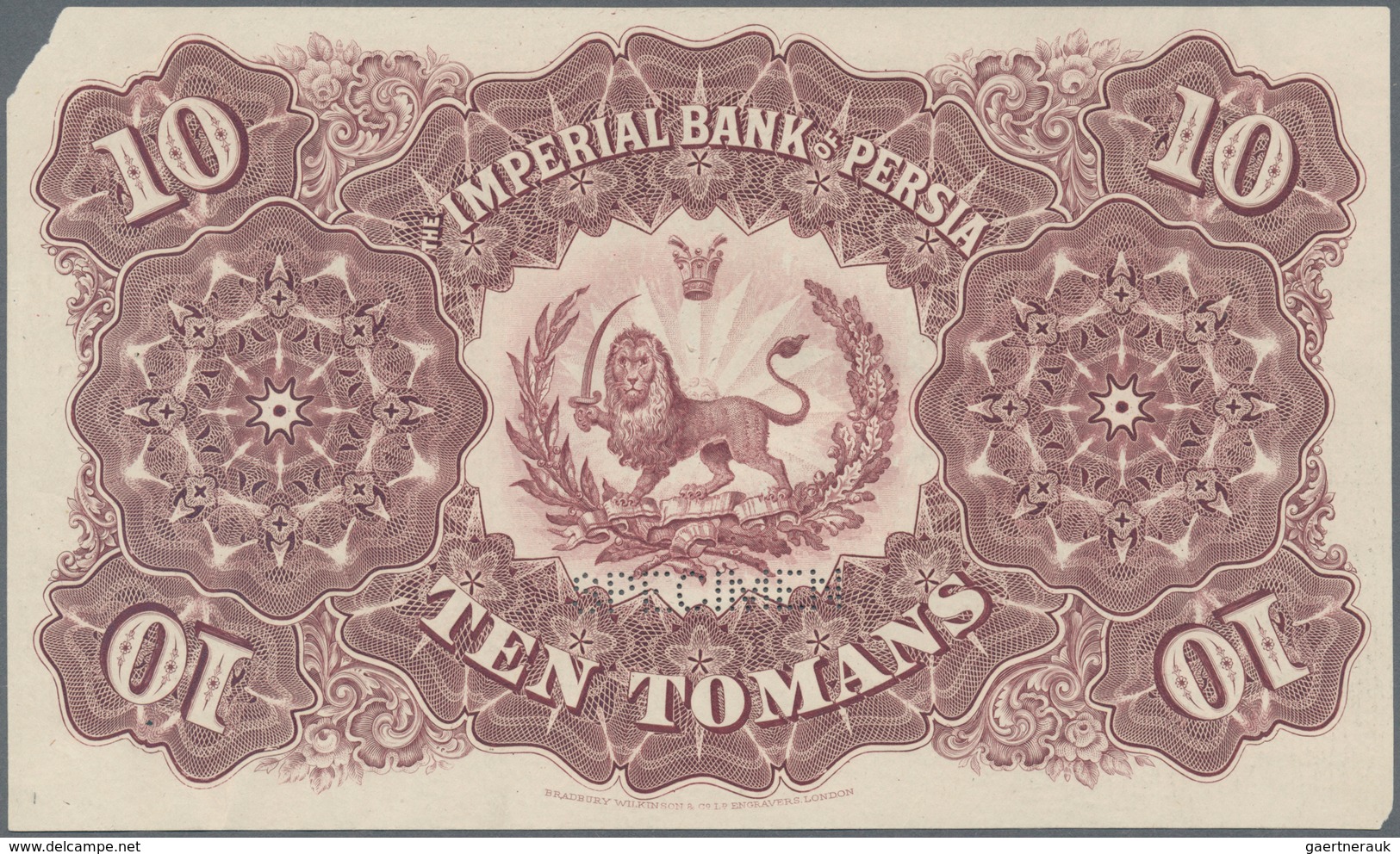 01787 Iran: Imperial Bank Of Persia Front And Reverse Specimen Of 10 Toman July 1st 1897, Printed By Bradb - Irán