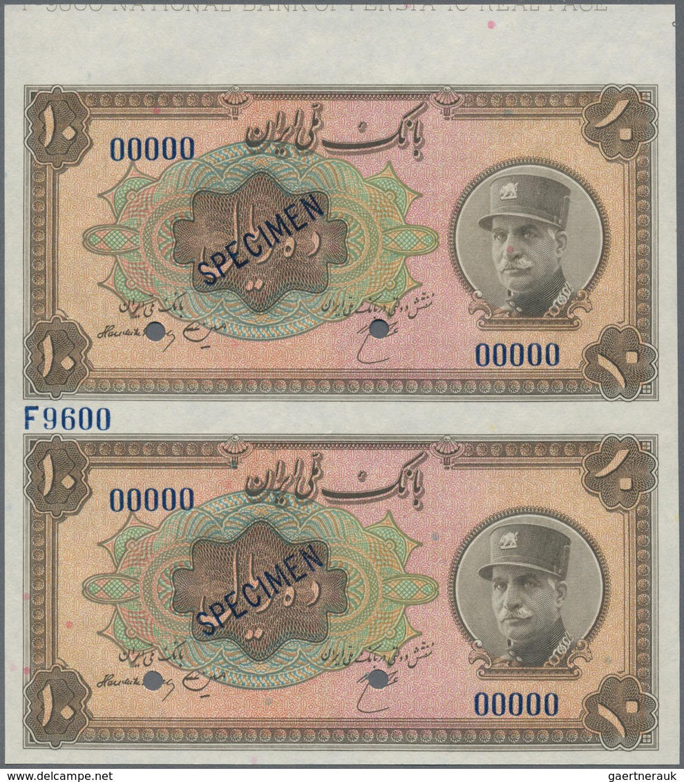 01792 Iran: Uncut Pair Of The 10 Rials SH1313 (1933-34) SPECIMEN, P.25as With Diagonal Overprint "Specimen - Iran