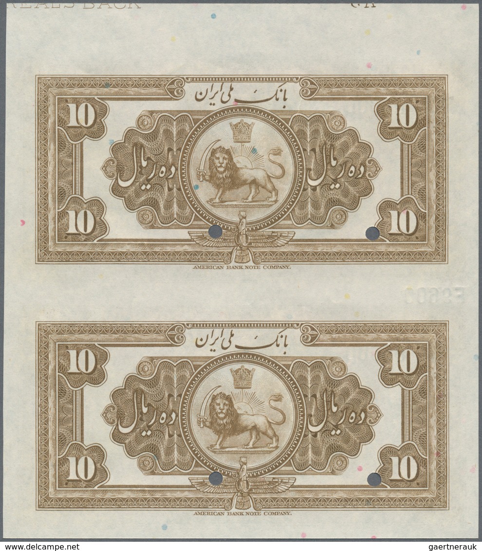 01792 Iran: Uncut Pair Of The 10 Rials SH1313 (1933-34) SPECIMEN, P.25as With Diagonal Overprint "Specimen - Irán