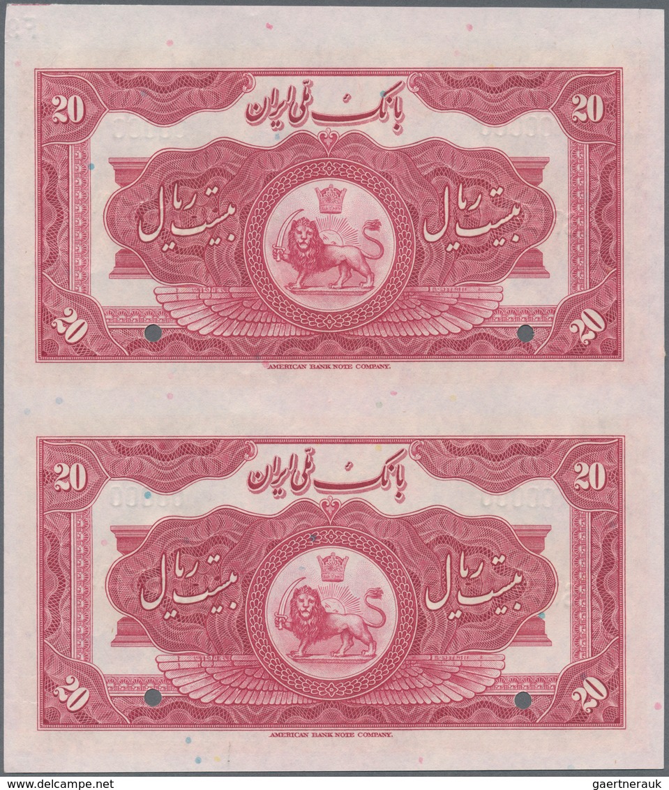 01793 Iran: Uncut Pair Of The 20 Rials SH1313 (1933-34) SPECIMEN, P.26as With Diagonal Overprint "Specimen - Irán