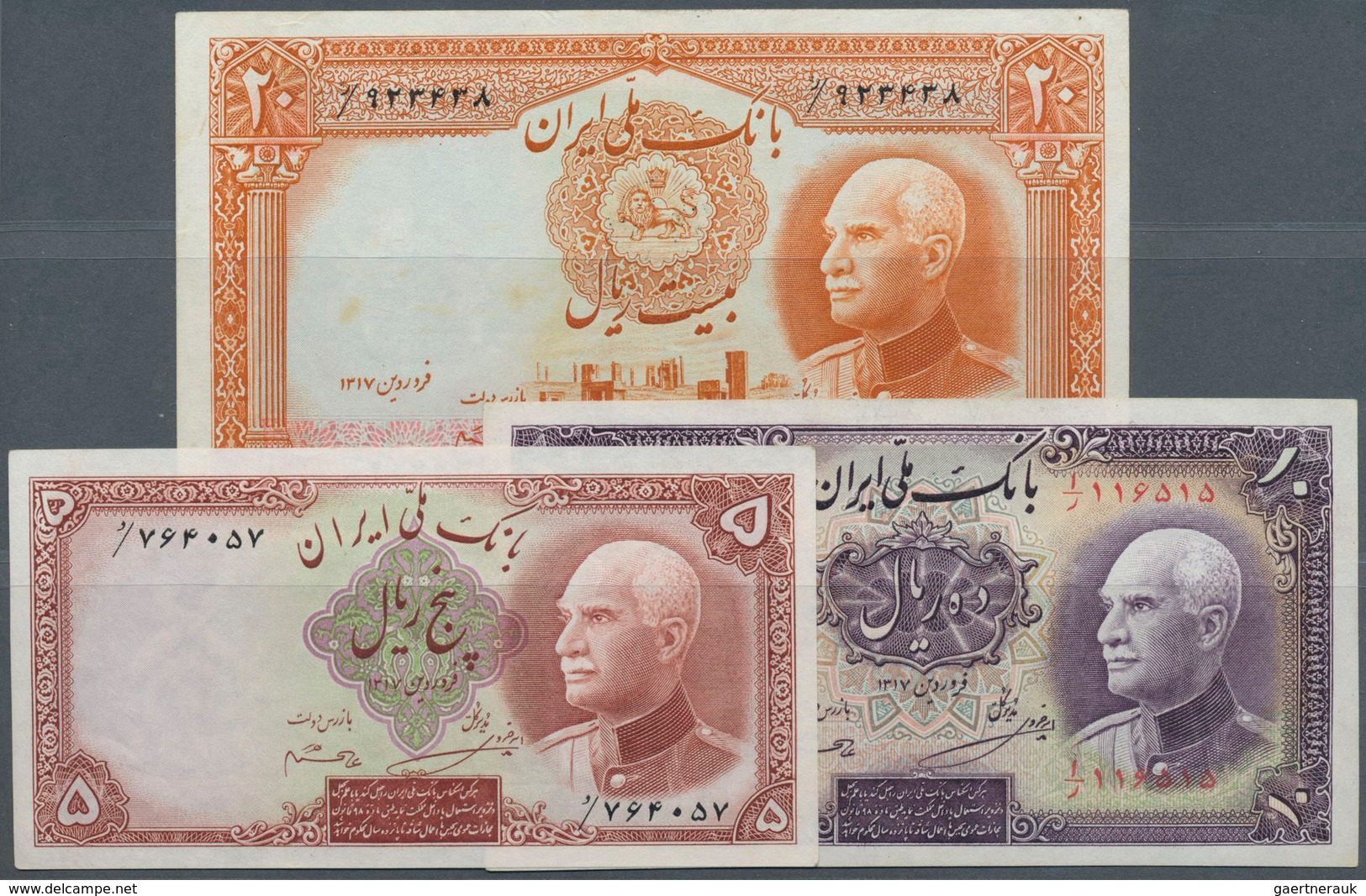 01796 Iran: Set Of 3 Notes Containing 5 Rials 1938 P. 32Aa (aUNC), 10 Rials 1942 P. 33Ad (UNC) And 20 Rial - Irán