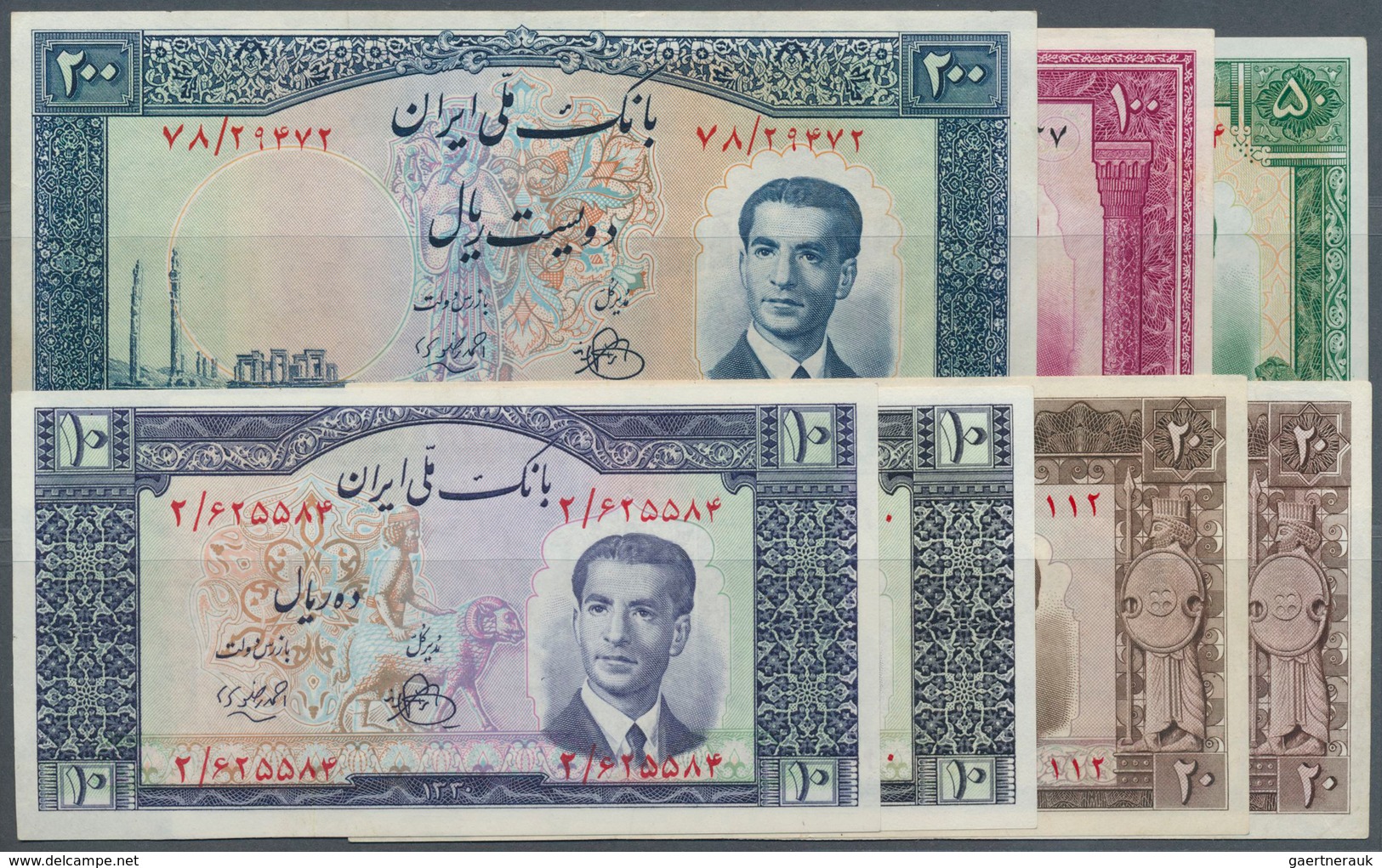 01803 Iran: Set Of 7 Notes Containing 2x 10, 2x 20, 50, 100 And 200 Rials 1951/53 P. 54-60, Mostly UNC, 3 - Iran