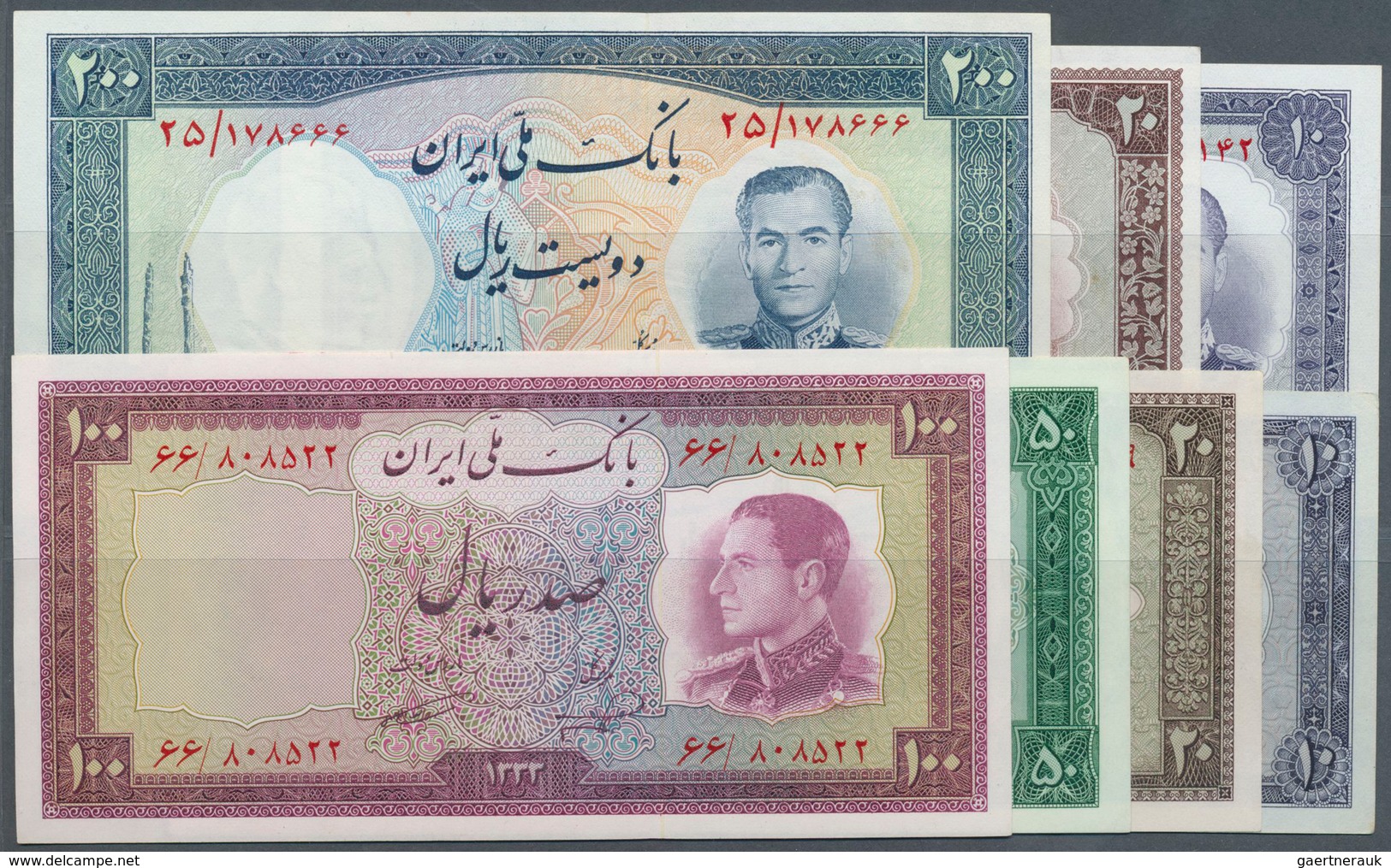 01804 Iran: Set Of 7 Notes Containing 10, 20, 50 And 100 Rials 1954 P. 64-67 And 10, 20, 200 Rials 1958 P. - Irán