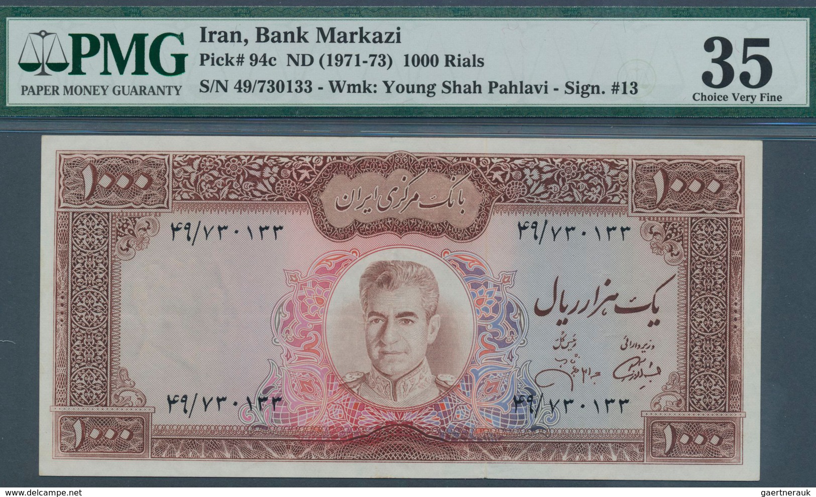01805 Iran: 1000 Rials ND(1971-73) P. 94c, Condition: PMG Graded 35 Choice VF. - Iran