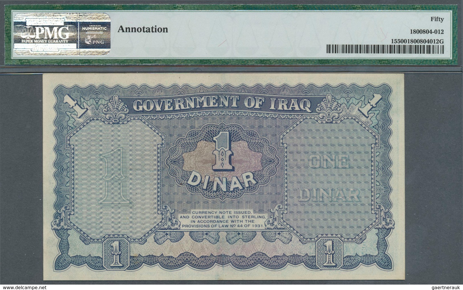 01806 Iraq / Irak: 1 Dinar 1931, P.15, PMG Graded 50 About Uncirculated - Iraq