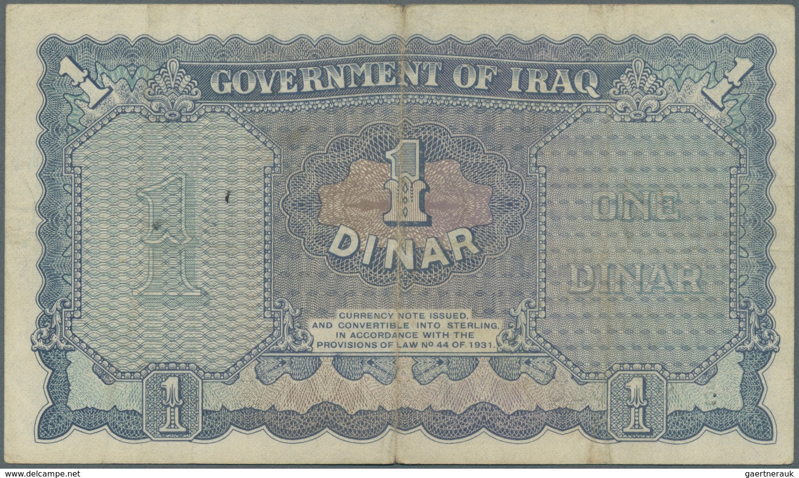 01807 Iraq / Irak: 1 Dinar ND(1941), P.15, Vertical Fold At Center With Tiny Tears At Upper And Lower Marg - Iraq