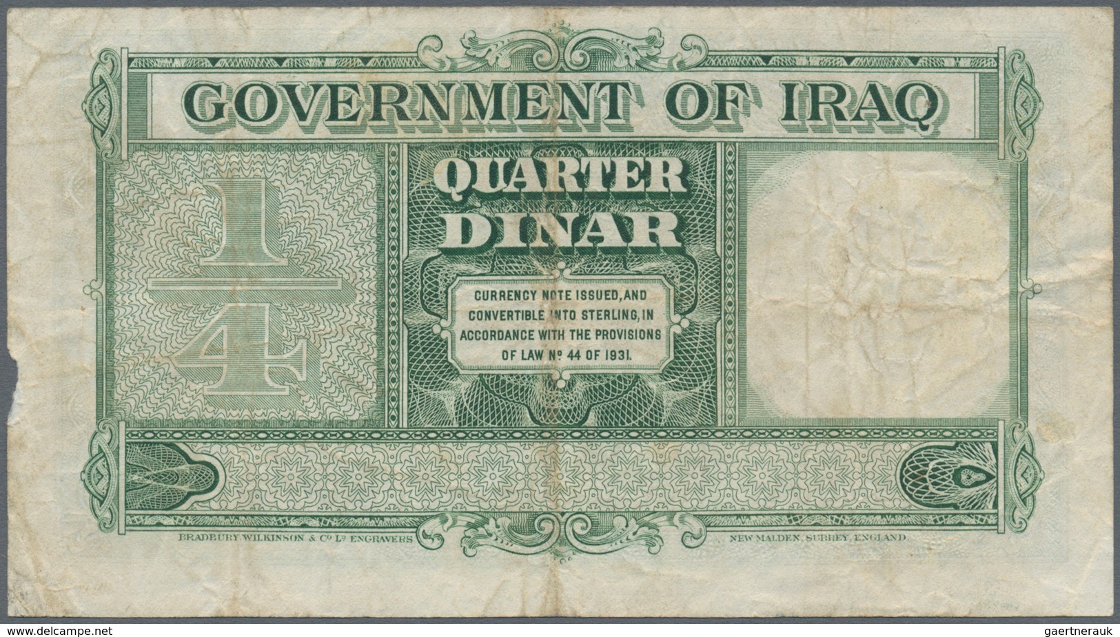 01808 Iraq / Irak: 1/4 Dinar 1941 P. 16 In Used Condition With Several Folds And Creases, Light Stain In P - Irak