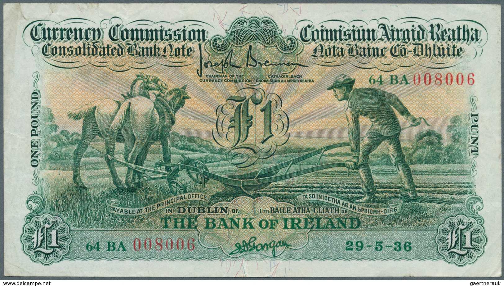 01812 Ireland / Irland: 1 Pound 1936 P. 8a, Ploughman Note, Folded Horizontally And Vertically, No Holes O - Ierland