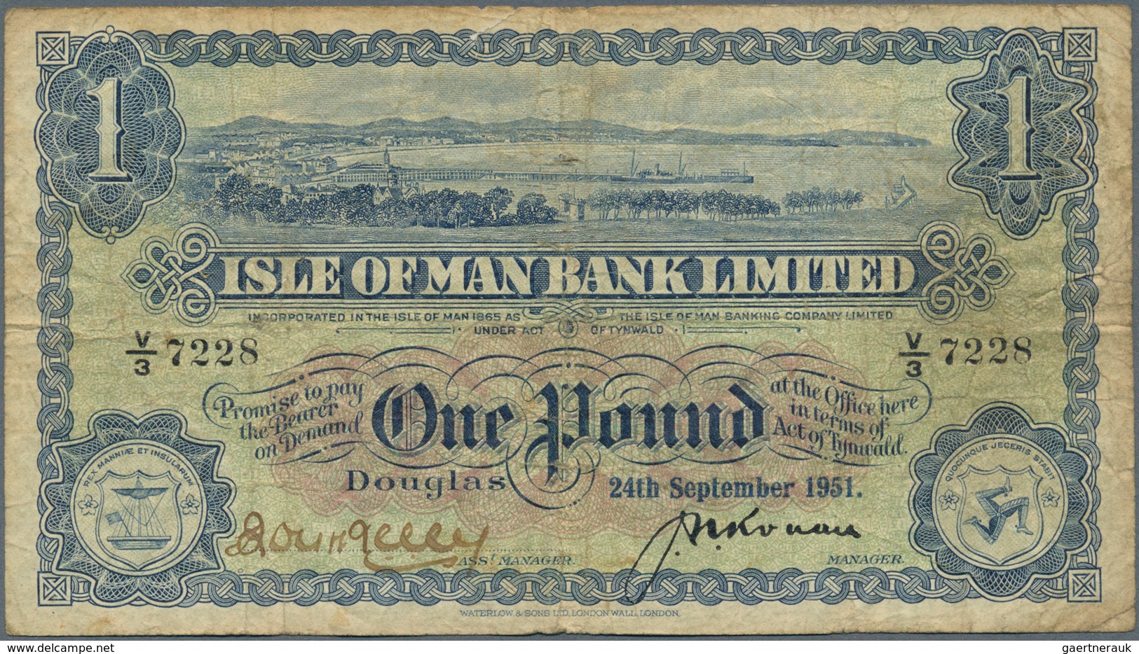 01822 Isle Of Man: 1 Pound September 24th 1951, P.6b, Yellowed Paper With Several Folds And Tiny Border Te - Otros & Sin Clasificación