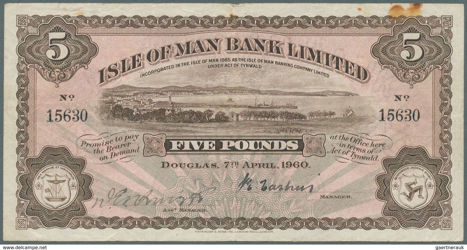 01823 Isle Of Man: 5 Pounds 1960 P. 6Ab, Slight Vertical And Horizontal Folds, Staining At Upper Right, No - Autres & Non Classés