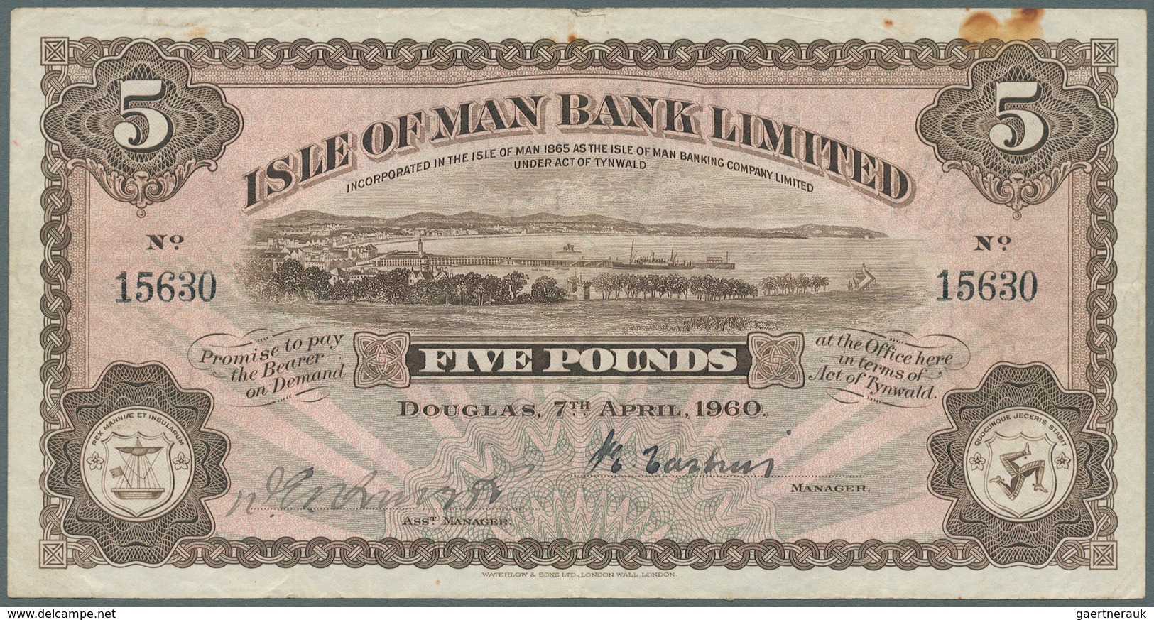 01823 Isle Of Man: 5 Pounds 1960 P. 6Ab, Slight Vertical And Horizontal Folds, Staining At Upper Right, No - Otros & Sin Clasificación