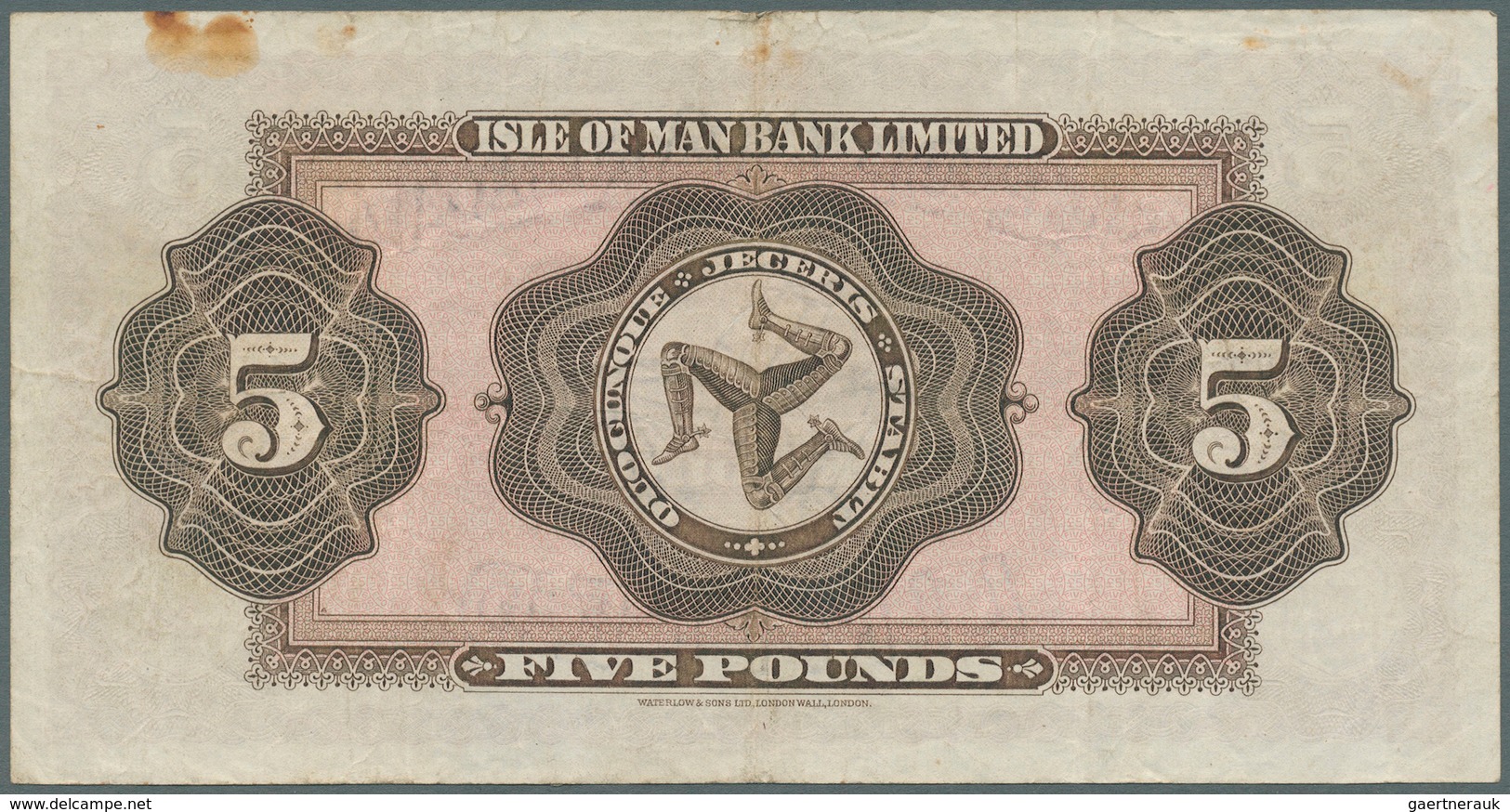 01823 Isle Of Man: 5 Pounds 1960 P. 6Ab, Slight Vertical And Horizontal Folds, Staining At Upper Right, No - Andere & Zonder Classificatie